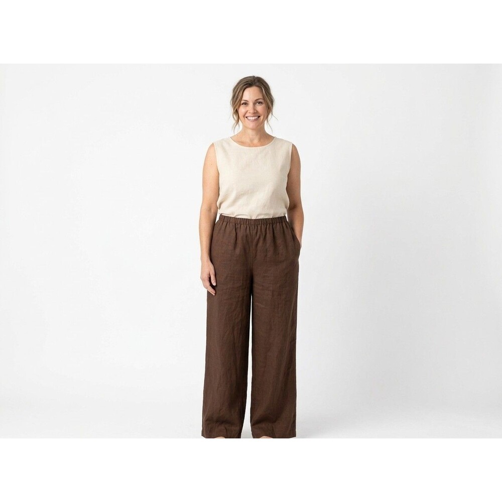 Eileen Fisher XL 100% Organic Linen Pants Brown Elastic Waist Straight Leg